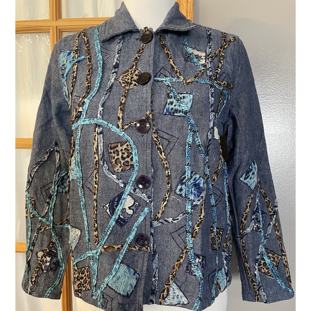 Vtg 80s New Directions Patchwork Jacket Womens Sz M Blue Abstract Art Button Up